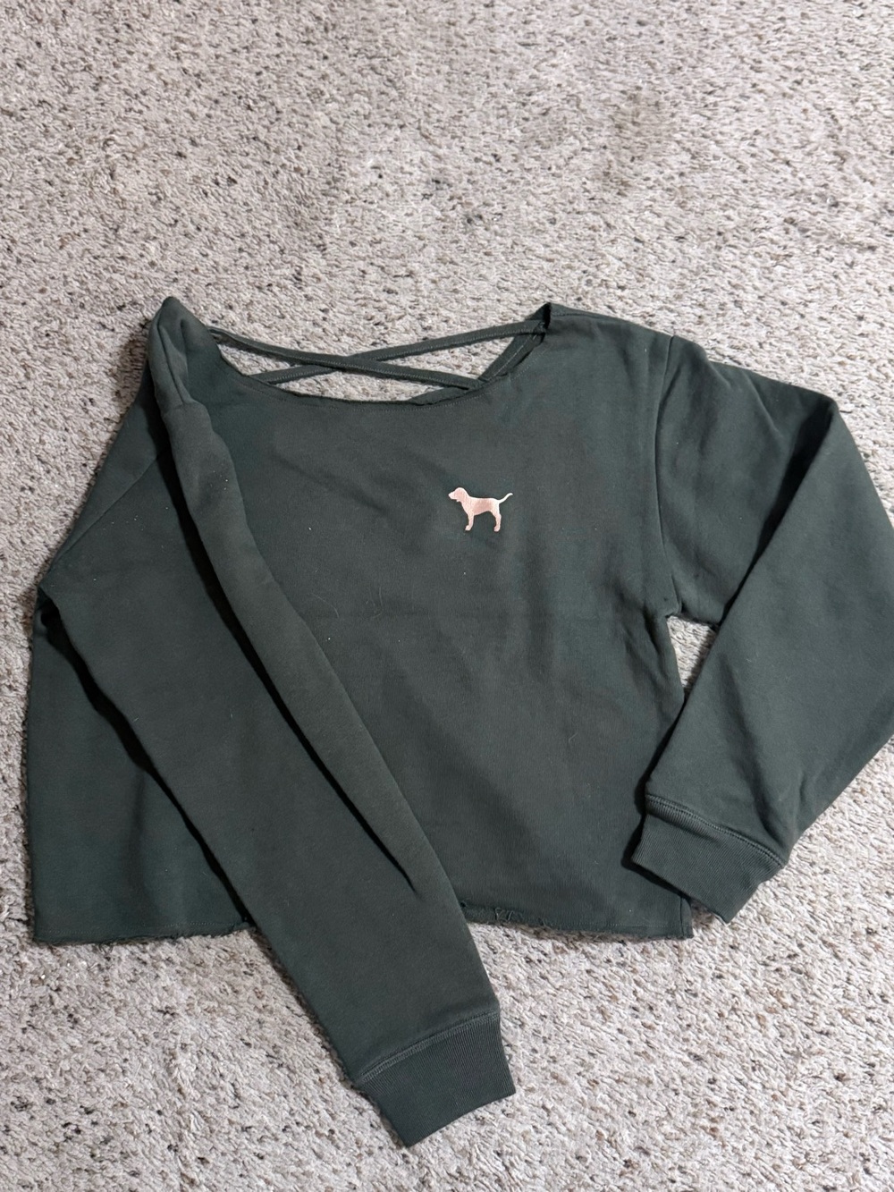 Pink Victoria’s Secret Olive Green Lattice Back Cropped Sweatshirt with Logo